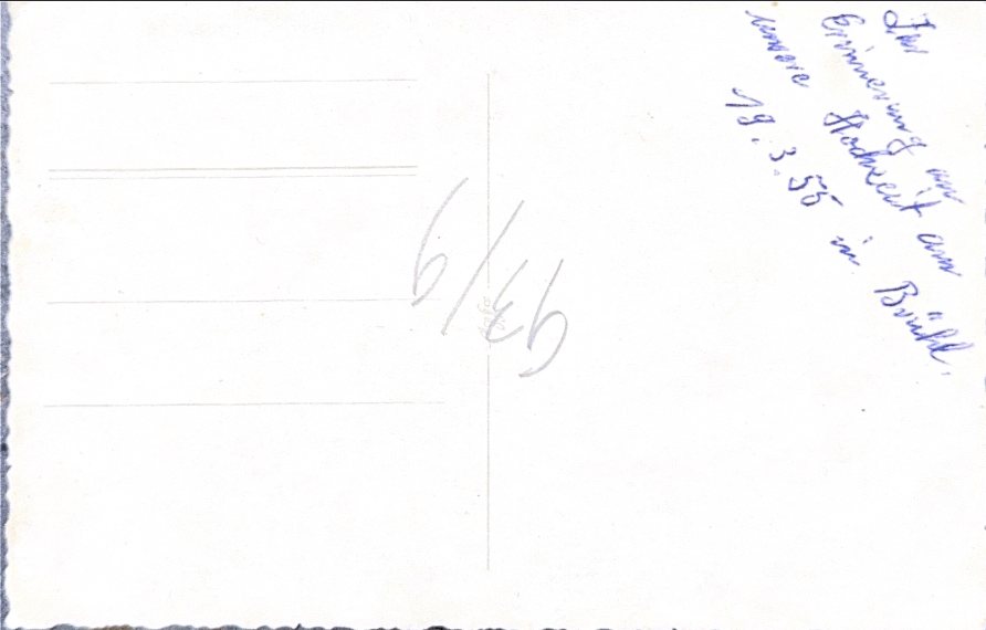 Rückseitige handschriftliche Notiz zum Hochzeitsfoto von Franz Josef Beyer und Gertrud Brigitte Hesse, 19.03.1955 in Brühl.